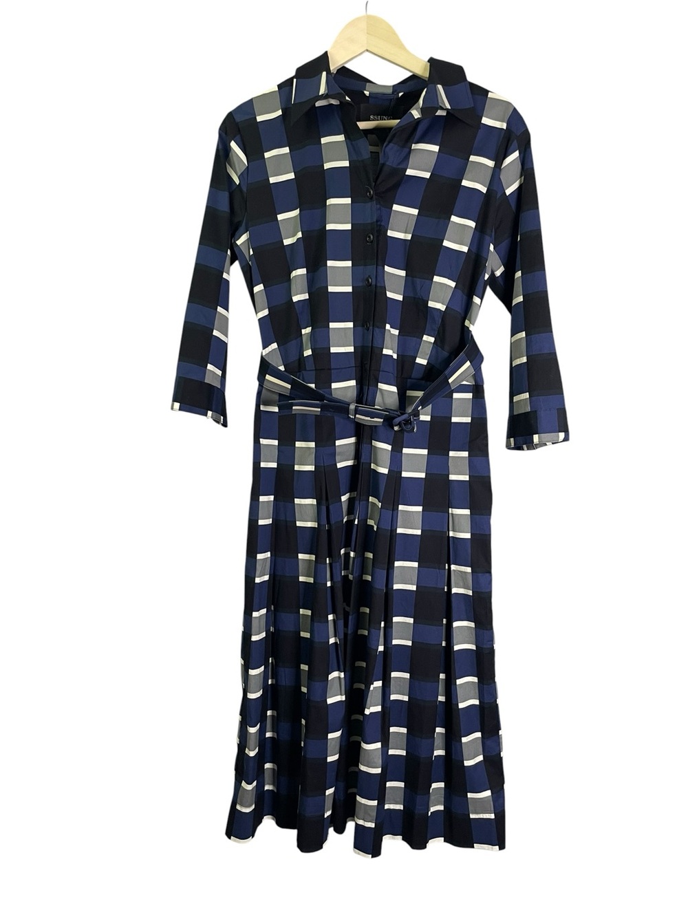 SSUNG Samantha Sung 3/4 Sleeve Clara Shirt Dress Blue White Check Plaid Size 10